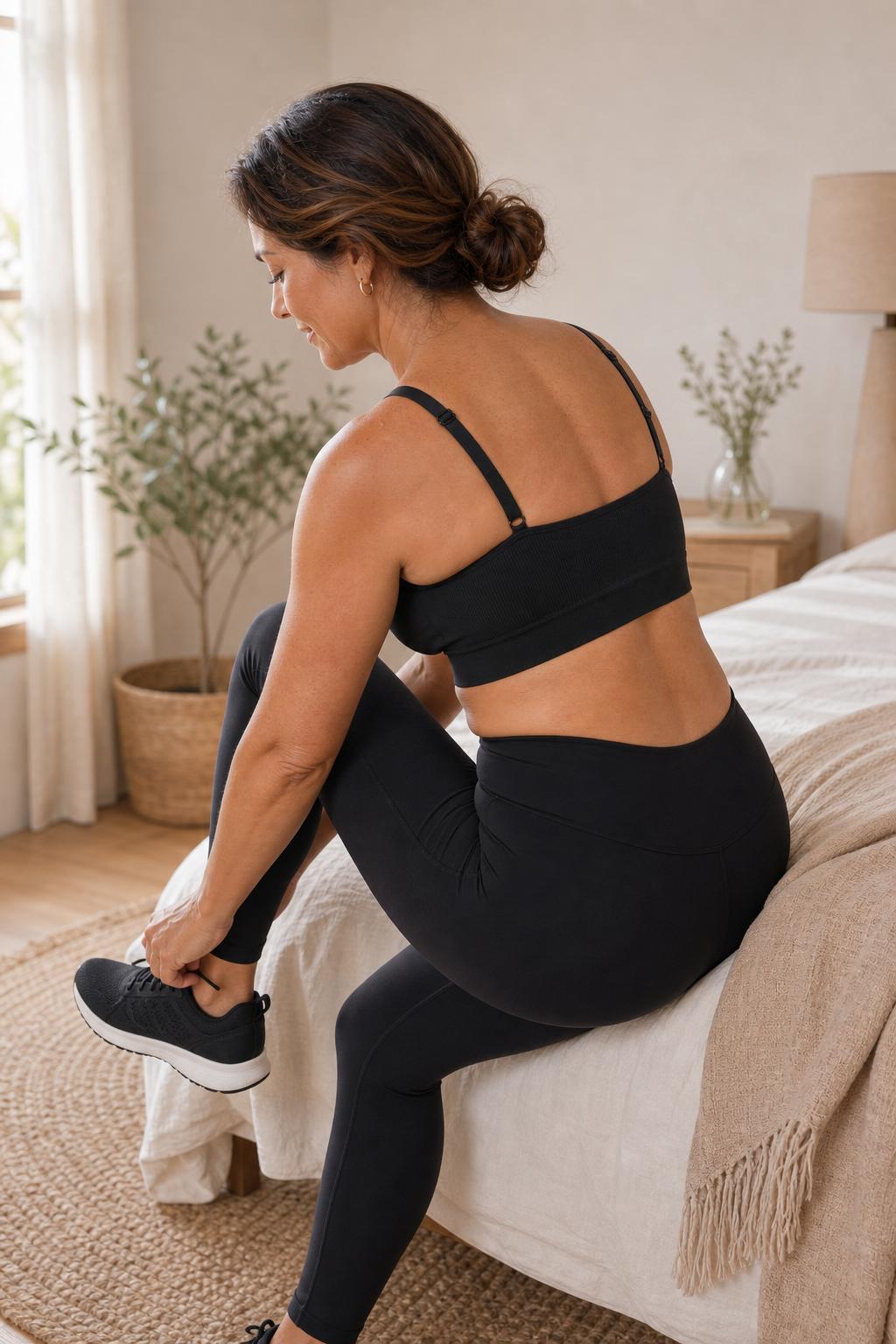 Mujer usando brasier Zhoura negro, atándose los tenis antes de salir